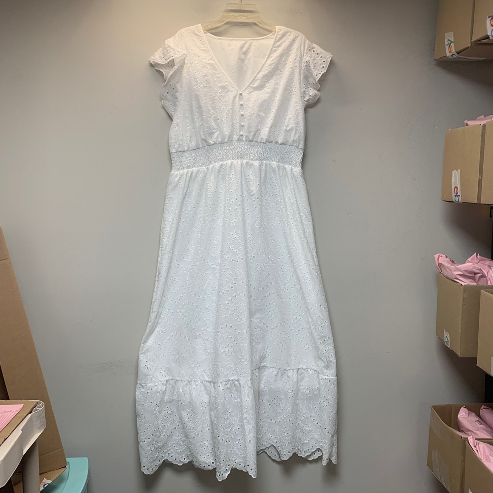 SHEIN Maxi Dress Womens 3XL White Excellent Eyelet Smocked Flutter Sleeve 15618